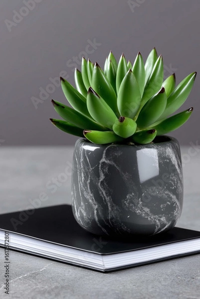 Obraz Succulent Plant in Marble Pot on Notebook