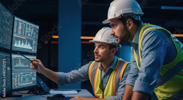 Fototapeta Two male engineers wearing white safety helmets and reflective vests analyze data on multiple computer monitors in modern control room, focused and collaborative atmosphere