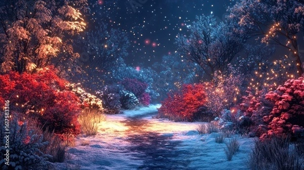 Fototapeta Magical winter forest path lit by glowing lights