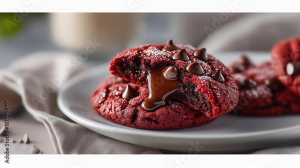 Obraz Gourmet Red Velvet Cookie with a Molten Chocolate Chip Filling. This image is perfect for food blogs, recipe websites, and social media content for bakeries or dessert brands. 