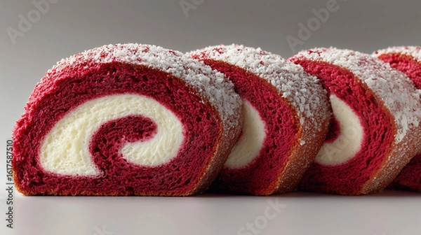 Fototapeta Festive Red and White Roll Cake with a Sugar Dusting. Ideal for bakery menus, dessert advertisements, recipe blogs, or packaging for baked goods.