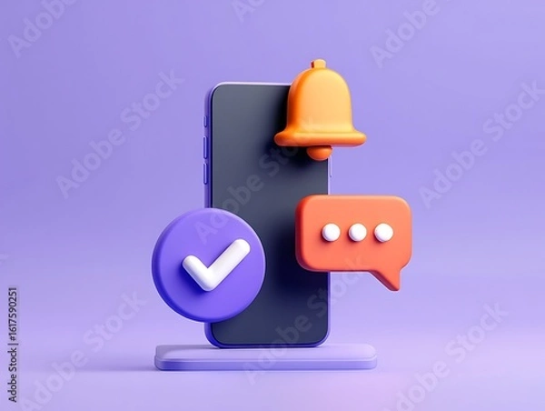 Fototapeta 3d render of a smartphone with a notification bell chat bubble and checkmark icon on a purple background
