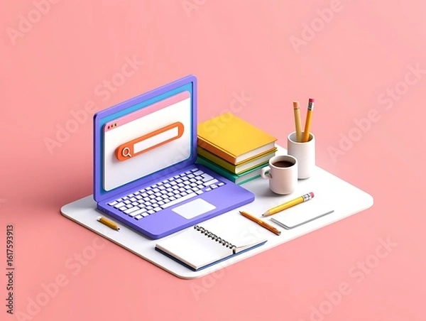 Fototapeta 3d isometric illustration of a modern desk setup with a laptop books and stationery on a pink background