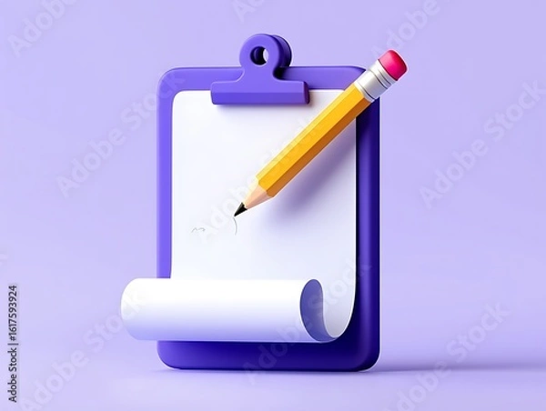 Fototapeta A 3d render of a purple clipboard with a blank white paper and a yellow pencil