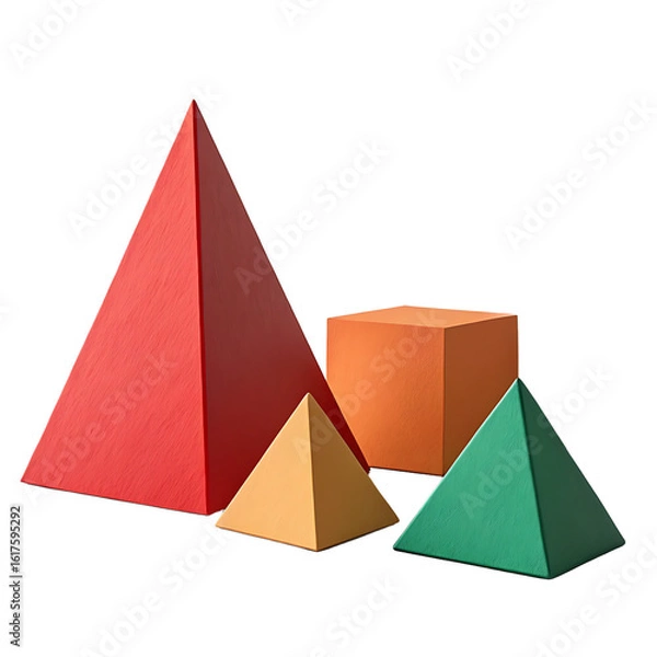 Fototapeta Collection of colorful geometric shapes including pyramids and a cube isolated on transparent background