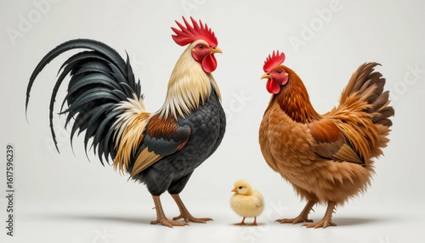 Fototapeta A vibrant image features a rooster, a hen, and a chick on a plain white background, showcasing the beauty of farm animals.