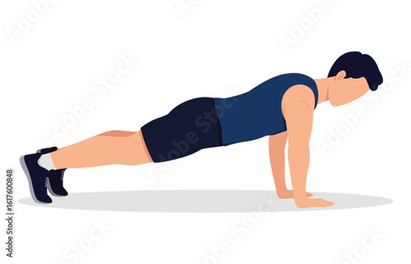 Obraz Men doing Push Up exercise, Men workout fitness, aerobic and exercises. Push-ups. Workout for arms and pectoral muscles. Fitness for weight loss. Vector Illustration.