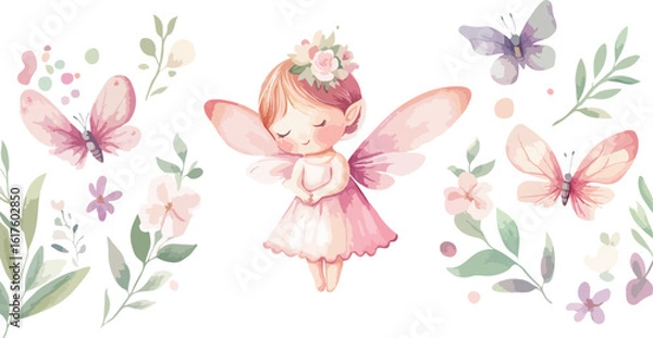 Obraz Watercolor fairy with butterflies and flowers border for kids design projects