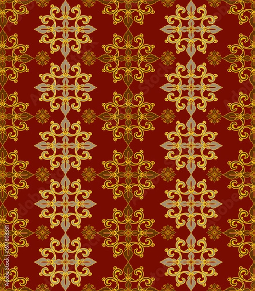 Fototapeta Elegant  seamless baroque damask floral vintage pattern on dark red background. Design for wallpaper carpet curtain fabric and textile print. 