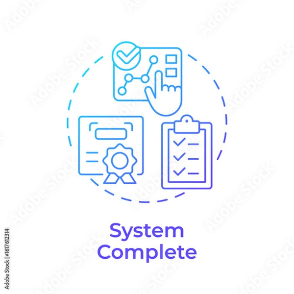 Fototapeta System complete blue gradient concept icon. Product certification. Technology readiness level. Deployment stage. Round shape line illustration. Abstract idea. Graphic design. Easy to use in brochure