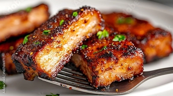 Obraz Deliciously glazed pork belly bites on a fork