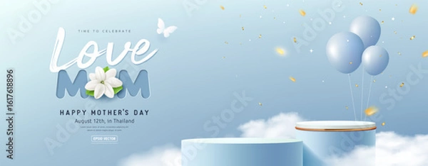 Obraz Happy mother's day blue podium display and jasmine flower, love mom poster design on cloud light blue background banner design