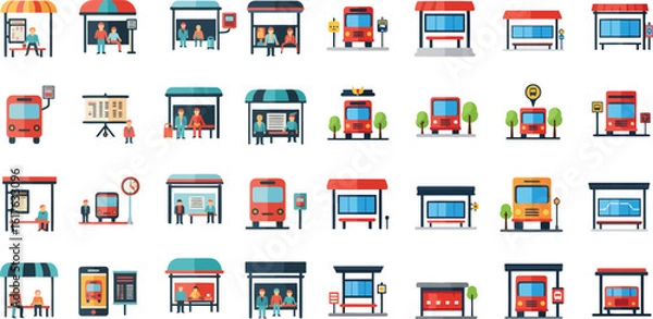 Obraz Colorful flat icons of bus stops, buses, passengers, and transit elements in modern design. Generative AI