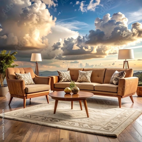 Obraz Living room set with sunset view