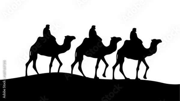 Fototapeta Silhouette of three camels with riders traversing a sandy landscape under a bright white sky at daytime