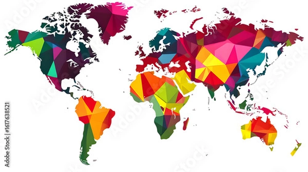 Fototapeta World map, colorful polygon design.  Detailed world map, filled with vibrant, geometric shapes