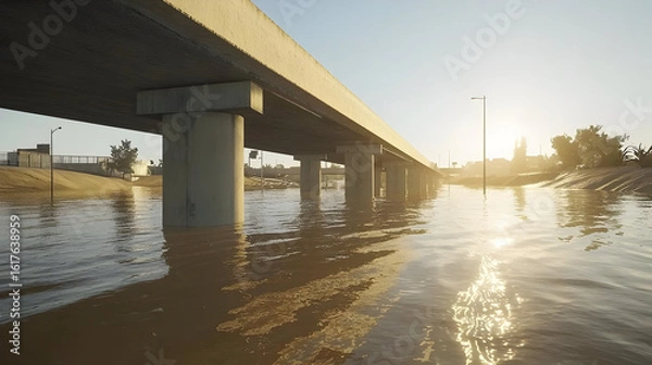 Fototapeta Floodwaters under a highway bridge at sunrise.  A concrete overpass spans a flooded roadway.  Sunrise illuminates the water, reflecting light.  Calm water mirrors the sky