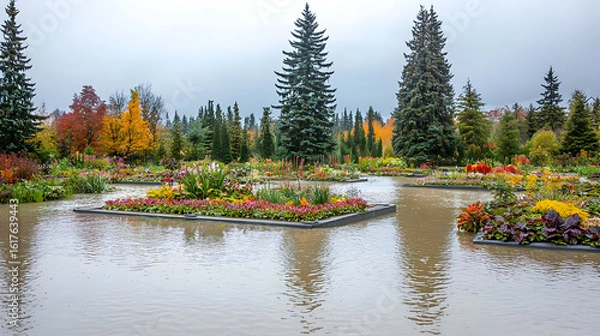 Fototapeta Flooded garden with colorful flower beds.  Water covers pathways and beds, reflecting the trees and overcast sky.  Autumnal colors abound in the flower beds on platforms