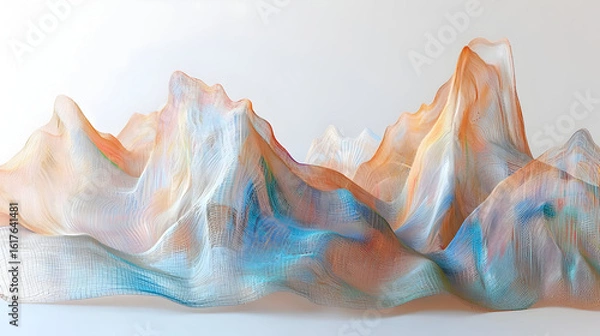 Fototapeta Abstract mountain range, composed of flowing, translucent, colorful fabrics.  Soft, pastel hues blend together in a dynamic, wavy form, creating a sense of movement and depth