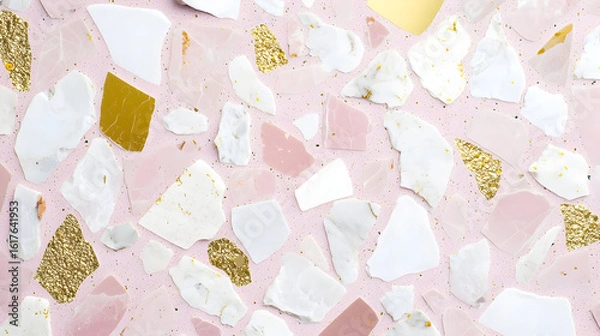 Fototapeta Pink terrazzo surface with gold and white accents.  Textured, mosaic pattern