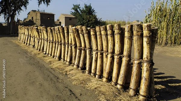 Fototapeta Wooden posts form a rustic fence, lined with tied poles.  A dirt road runs alongside the  fence.  Simple rural buildings and crops are visible in the background