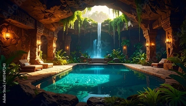 Obraz Lush jungle cave pool