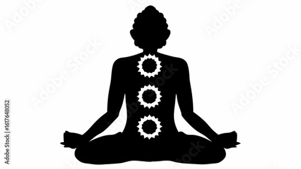 Fototapeta Silhouette of person in lotus position with three chakra symbols aligned vertically on the body shown