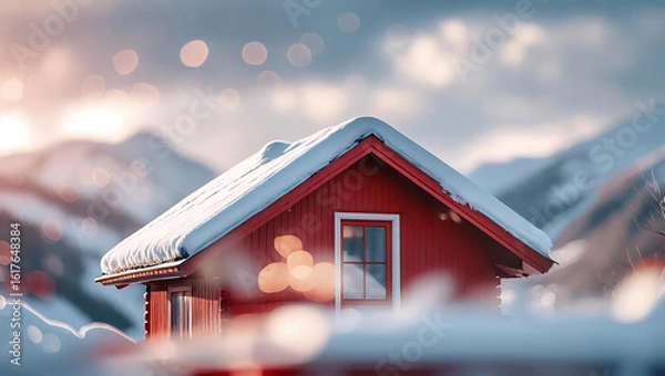 Fototapeta A cozy red cabin nestles quietly beneath a cloudy sky and Snowy Mountains.
