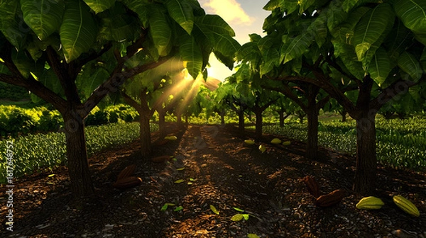 Fototapeta Cacao trees line a sunlit field, pods scattered on the ground. Lush foliage and sunlight beam down a pathway