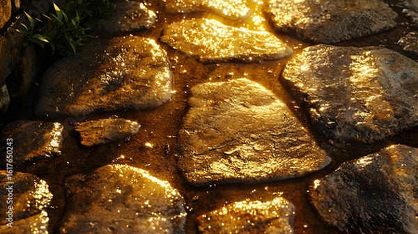 Fototapeta Sunlit, wet stone pathway.  Patches of golden light reflecting on water pooled between rough, irregular stones.  Small plants grow at the edge