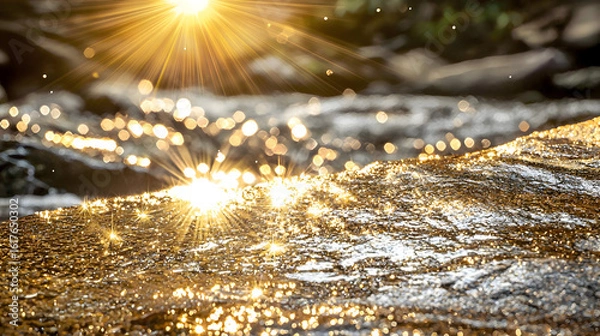 Fototapeta Golden sunlight streams through a shallow, rocky stream. Sparkling water reflects the sun's rays