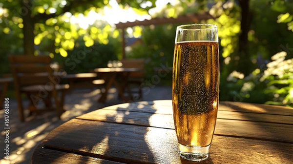 Fototapeta Sparkling drink in a tall glass on a wooden patio table, bathed in sunlight, with a blurred garden background