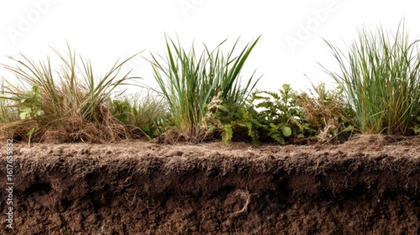 Fototapeta Cross-section of Earthly Growth: A detailed close-up unveils a cross-section showcasing layers of soil, roots, and varied blades of green grass. This image speaks to growth, nature.