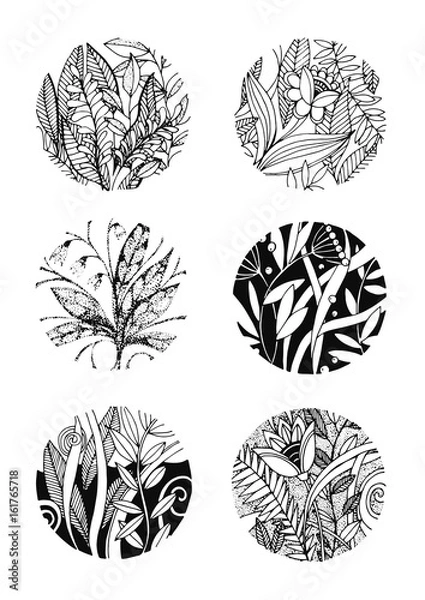 Obraz круглая иллюстрация, цветы и растения нарисованные в графике