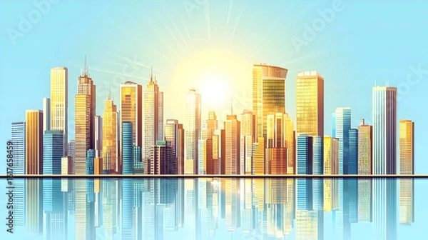 Fototapeta City skyline panorama, reflecting in water, sun rising.  Skyscrapers of various hues, golden tones, and shades of blue, mirroring the buildings in a placid, clear water reflection