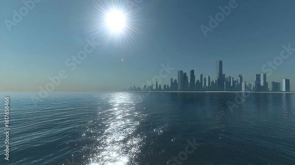 Fototapeta Ocean view of a futuristic city skyline, bright sunny day