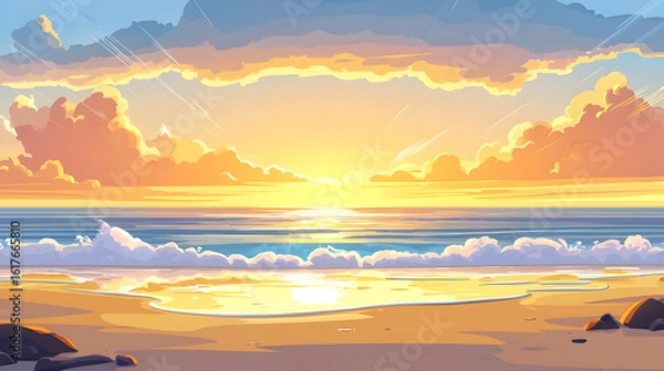 Fototapeta Golden sunset over a tranquil beach.  Sunrise reflecting on the ocean waves, soft clouds, and sandy shore