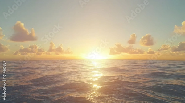 Fototapeta Golden sunset over calm ocean. Soft light bathes the water, clouds dot the sky