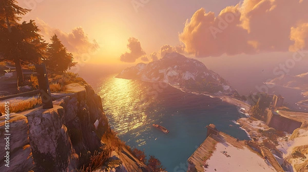 Fototapeta Sunrise over a rugged coastline, with snow-capped mountains in the distance.  A tranquil, scenic vista, with rocky cliffs, lush trees, and a calm body of water