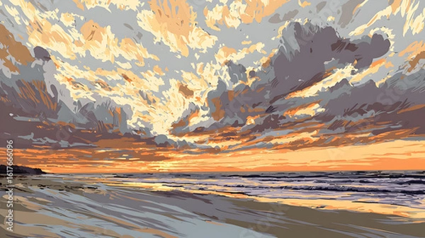 Fototapeta Sunrise over the beach, dramatic clouds.  Vast, colorful sky with fiery orange and pastel clouds, meets the calm ocean at sunrise. Soft sand beach stretches into the water