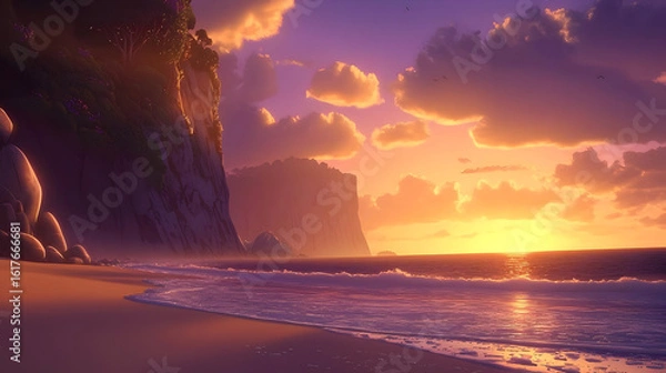 Fototapeta Dramatic sunset over a secluded beach, with towering cliffs and gentle waves.  Golden light bathes the landscape, casting a warm glow. Lush vegetation clings to the rocky cliffs