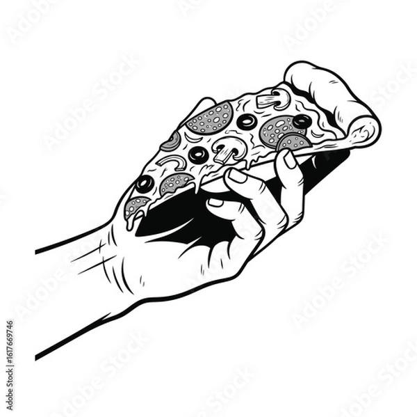 Fototapeta A stylized hand delicately holds a cheesy pizza slice with various toppings, depicted in a clean black and white vector format.