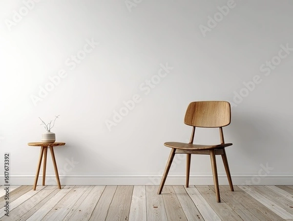 Fototapeta Minimalist room with wooden chair and table.  Simple, modern