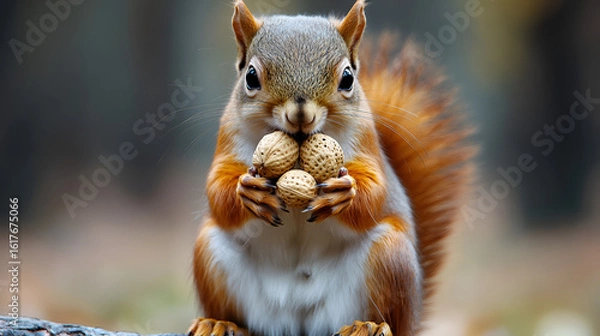 Obraz squirrel on a tree, Alert redsquirrel in the green natural forest environment