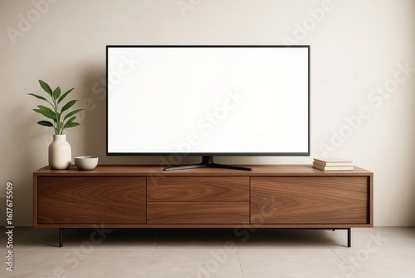 Fototapeta Modern TV screen with blank display on wooden cabinet in minimalist room interior with neutral wall background and decorative home elements.