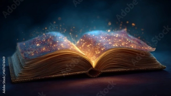 Fototapeta Book of Wonders: A mystical book illuminated by glowing light, its pages filled with magic and enchanting secrets, representing knowledge and imagination.