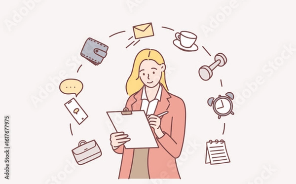 Fototapeta Cartoon character working with task checklist planning things on to-do list