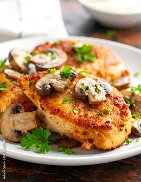 Fototapeta Crispy chicken breasts with mushrooms, garnished with parsley