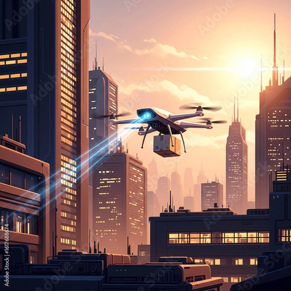 Fototapeta Futuristic Drone Delivering Package in a Modern Cityscape at Sunset with Glowing Lights