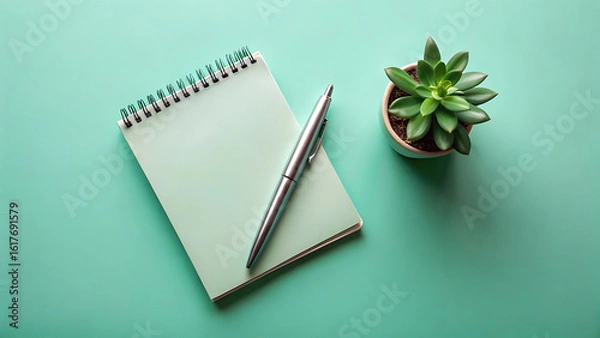 Fototapeta Pastel Green Notepad With Silver Stylus Placed On Mint Colored Desk